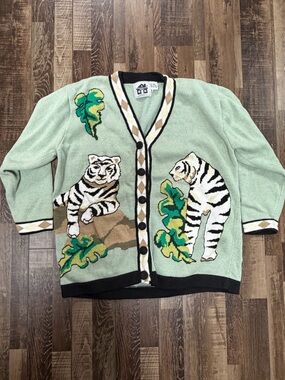 Vintage 80’s Storybook Knits Mint Green and Black Striped Cardigan